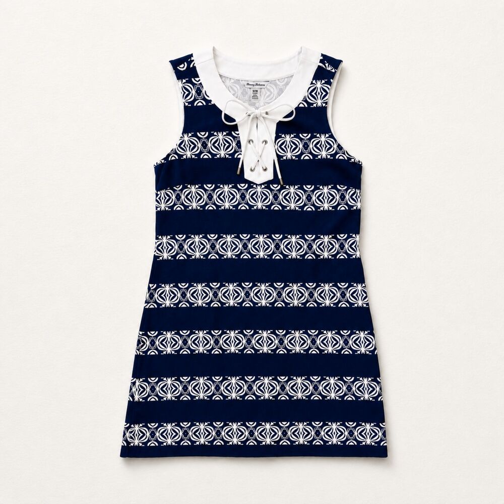 Tommy Bahama Womens M Pima Cotton Navy White Geometric Lace Up Mini Dress